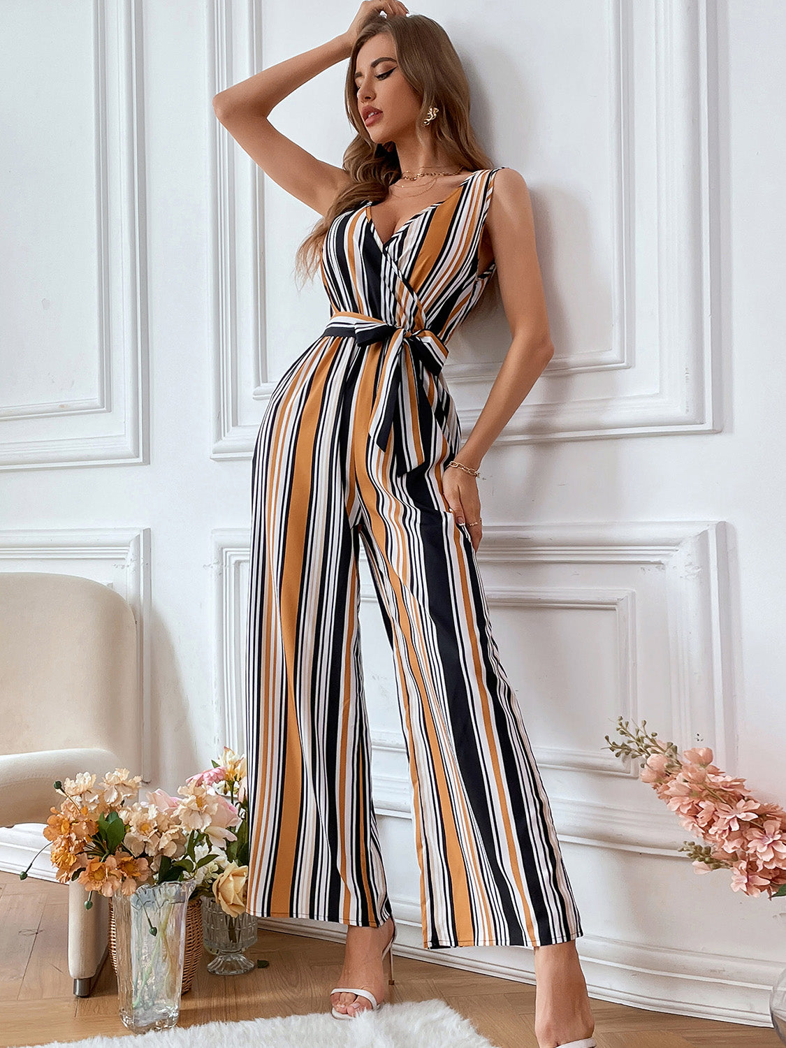 Striped Surplice Neck Sleeveless Wide Leg Jumpsuit