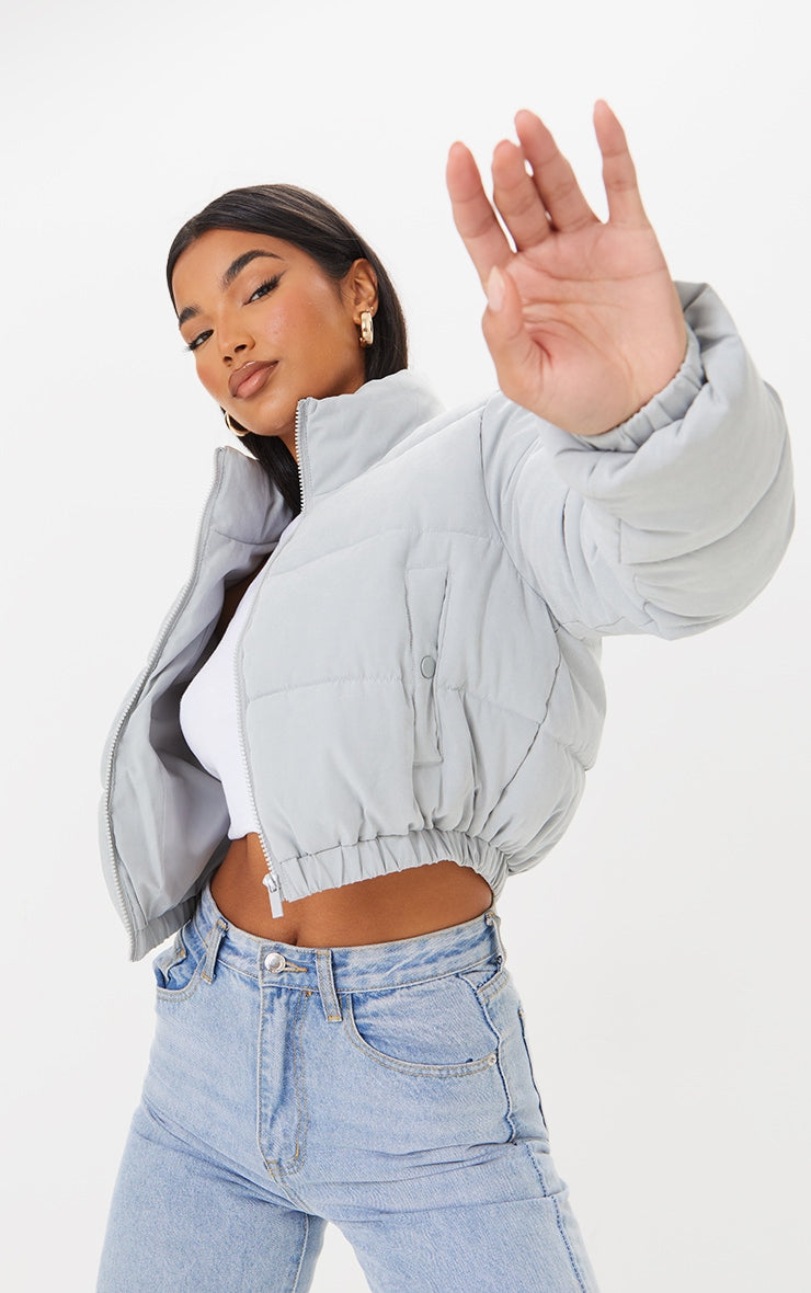 Black Peach Skin Cropped Bubble Puffer Jacket