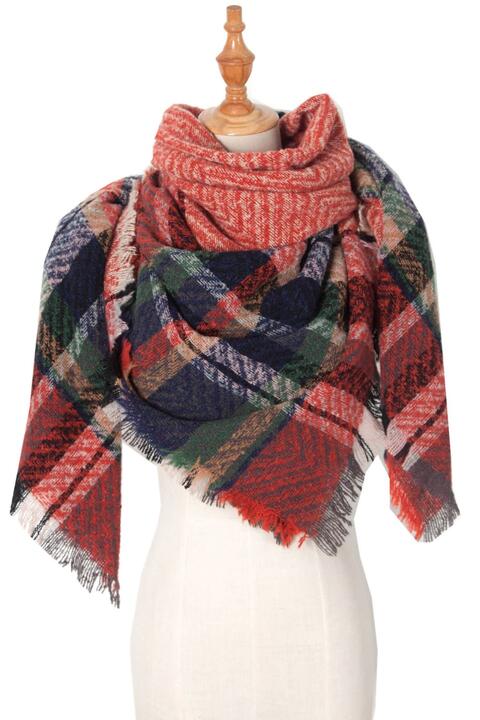 Plaid Raw Hem Polyester Scarf