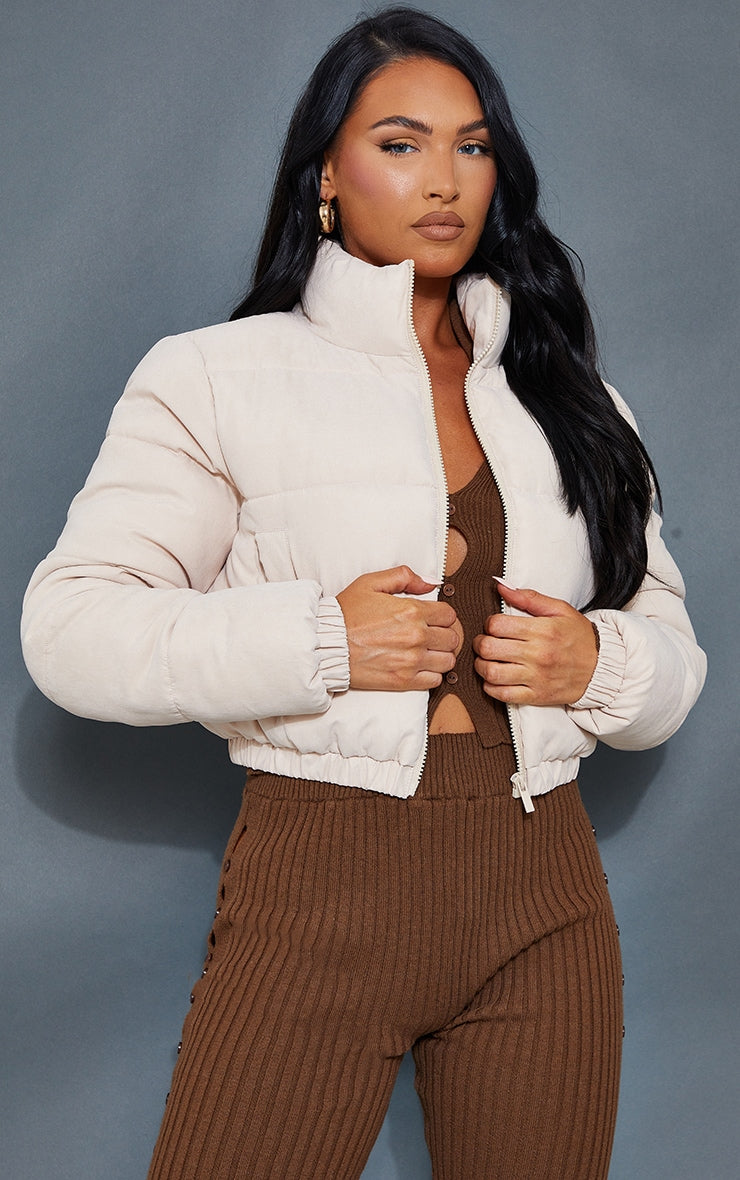 Black Peach Skin Cropped Bubble Puffer Jacket