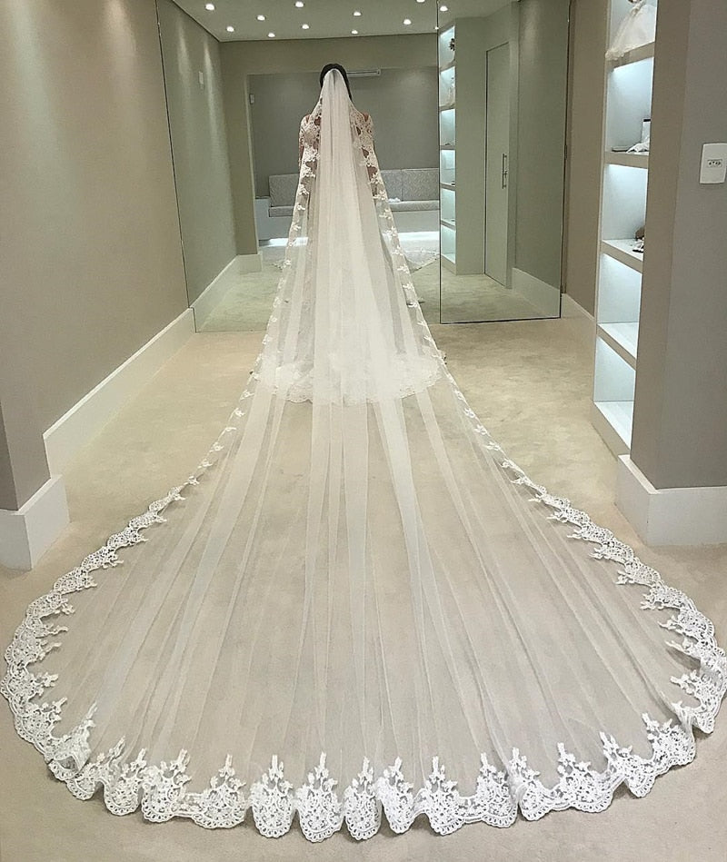 White Ivory 4 Meters Long  Lace Wedding Veil