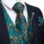 Silk Green Paisley Vest & Tie Brooch Pocket Square Set