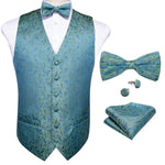 Silk Green Paisley Vest & Tie Brooch Pocket Square Set