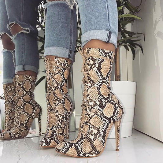 Women Lace-Up Boots Snake Print Ankle Boots