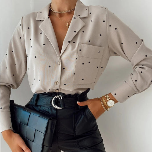 Pocket Long Sleeve Turn Down Collar Blouse