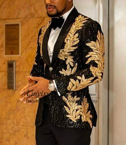 Slim Fit  masculino Shiny Sequins Gold Suit