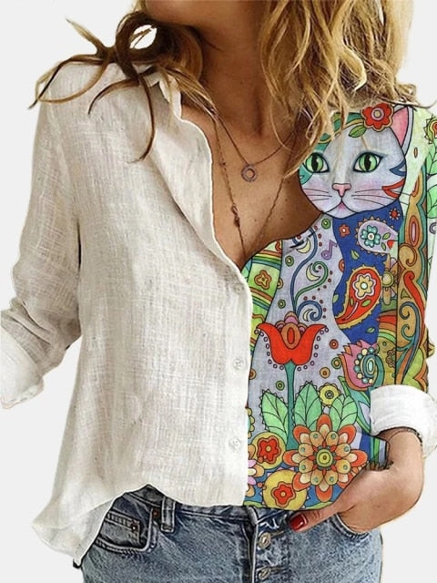 Stitching Retro Cat Print Long Sleeve Blouse