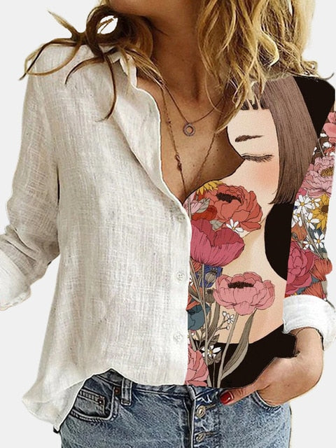 Stitching Retro Cat Print Long Sleeve Blouse