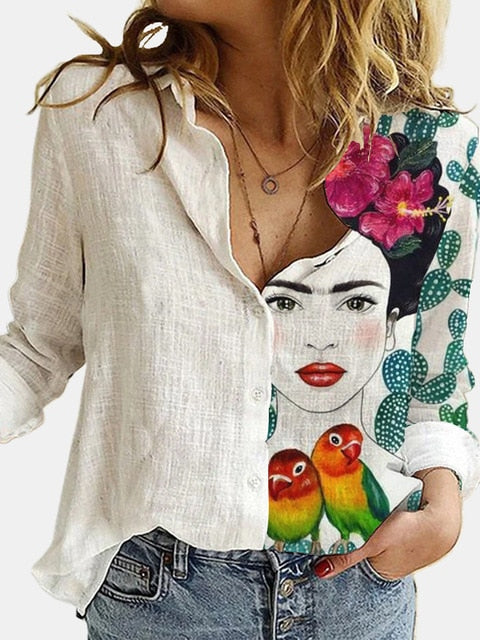 Stitching Retro Cat Print Long Sleeve Blouse