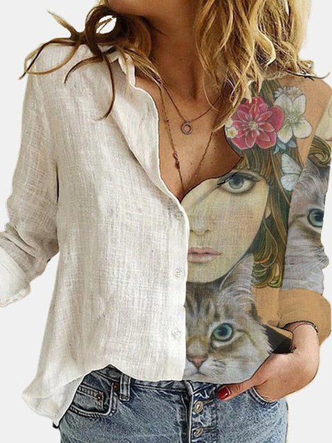 Stitching Retro Cat Print Long Sleeve Blouse