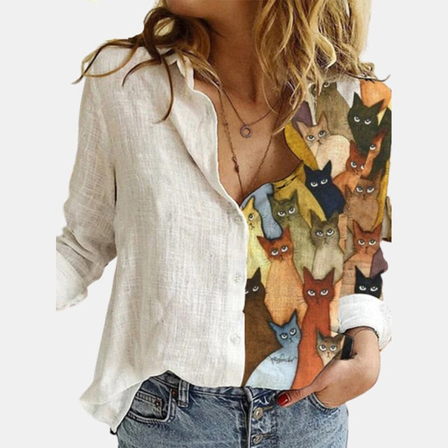 Stitching Retro Cat Print Long Sleeve Blouse