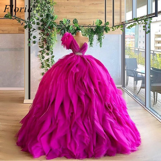 Princess Fuchsia One Shoulder Sexy Evening Gowns