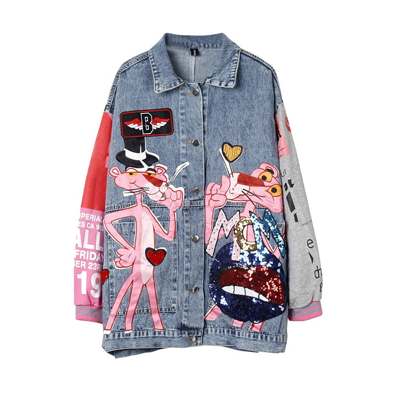 Sequins Cartoon Leopard Denim Jacket