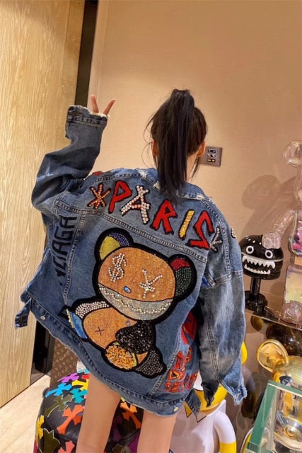 Sequins Cartoon Leopard Denim Jacket