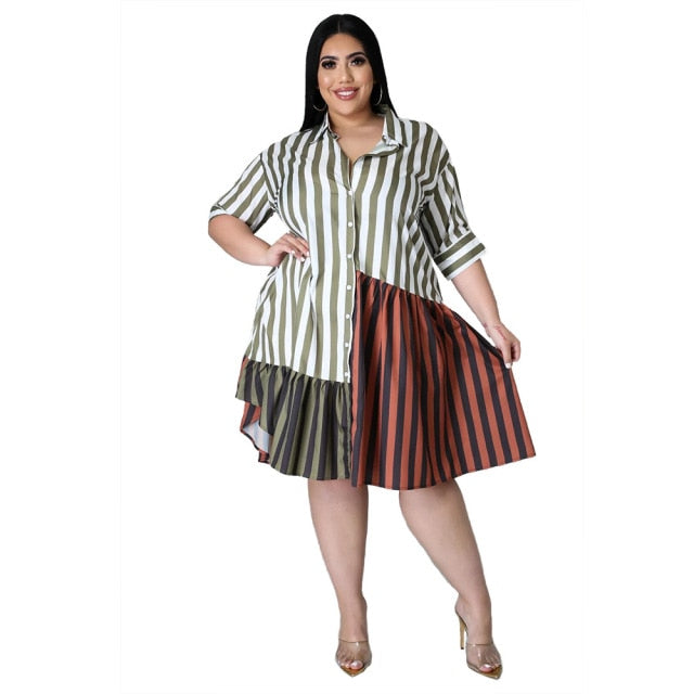 Plus Size Patchwork Striped Midi Dresse