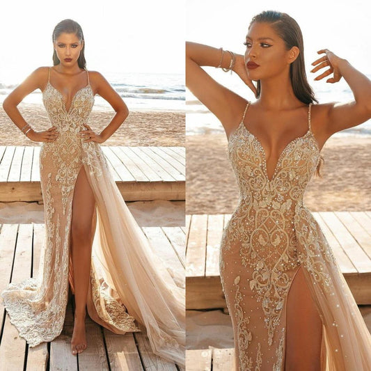 High Split Spaghetti Strap Champagne Mermaid Dress