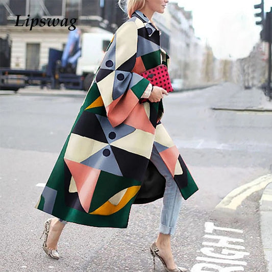 Vintage Colorful Print Long Coat