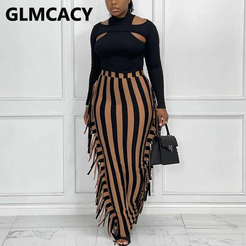 High Waist Striped Slim Maxi Skirt With Tassels