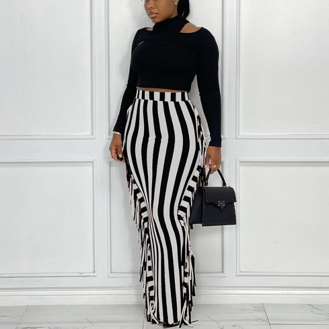 High Waist Striped Slim Maxi Skirt With Tassels