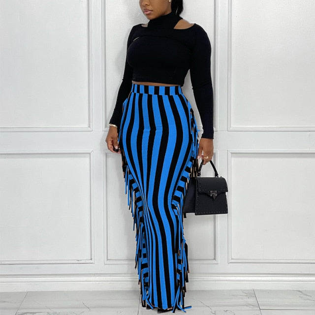 High Waist Striped Slim Maxi Skirt With Tassels