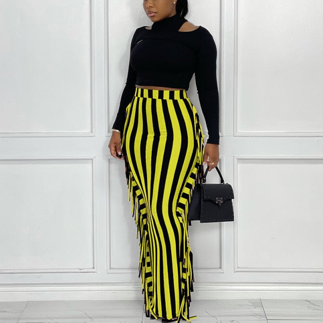 High Waist Striped Slim Maxi Skirt With Tassels