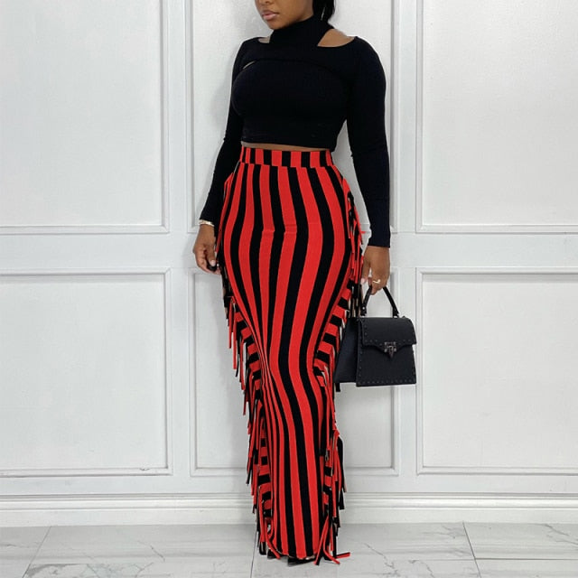 High Waist Striped Slim Maxi Skirt With Tassels