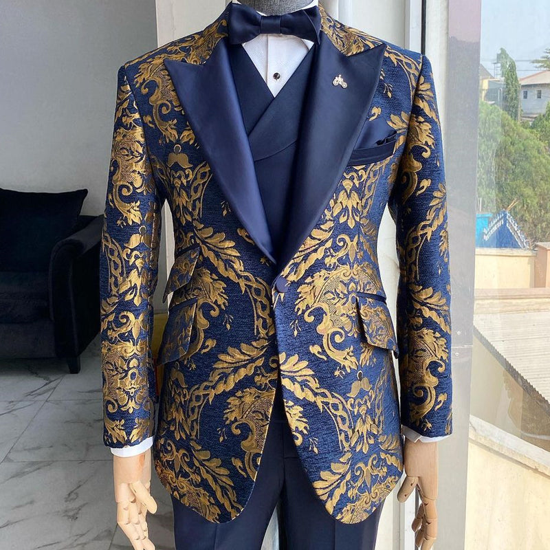 Smoking Navy Blue & Gold Floral Blazer 3 Piece Suit