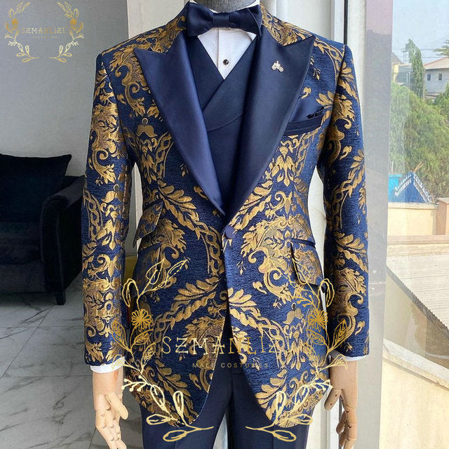 Smoking Navy Blue & Gold Floral Blazer 3 Piece Suit